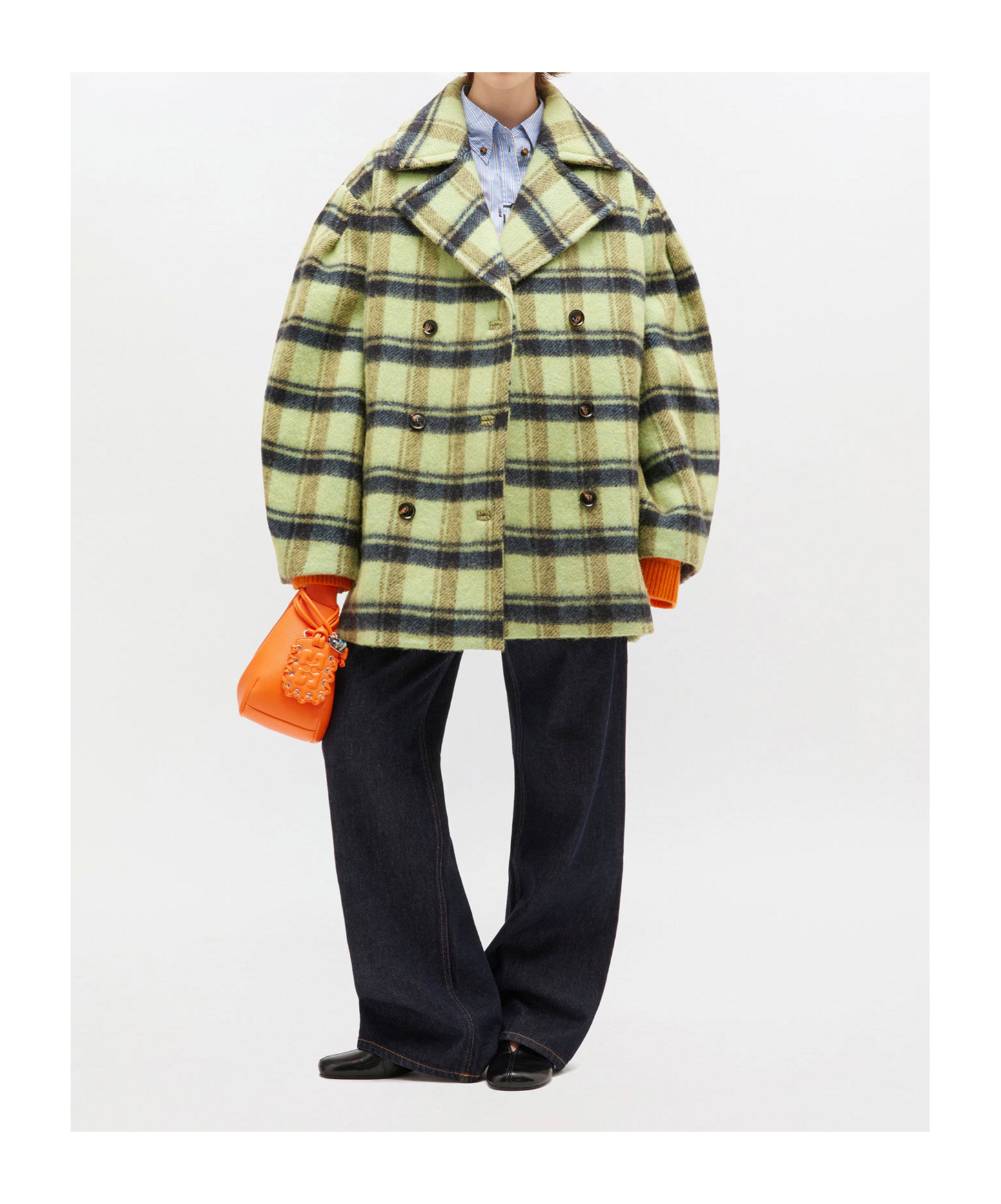 Ganni Brushed Wool Check Midi Coat In Multi