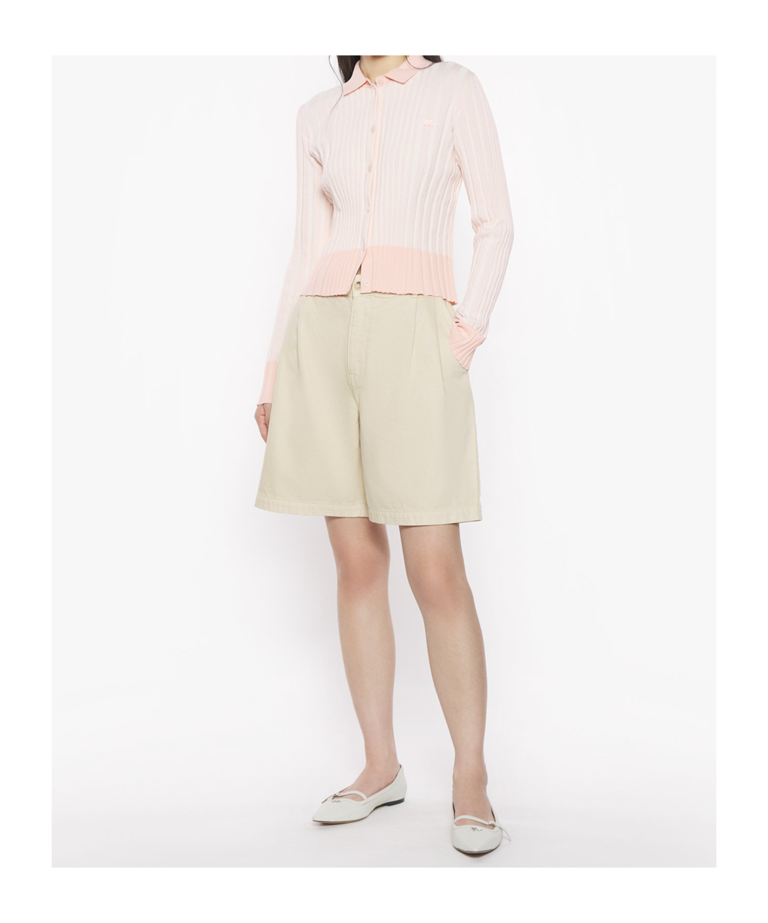Shop Maison Kitsuné Baby Fox Patch Pleated Ribbed Cardigan In Porcelain Pink