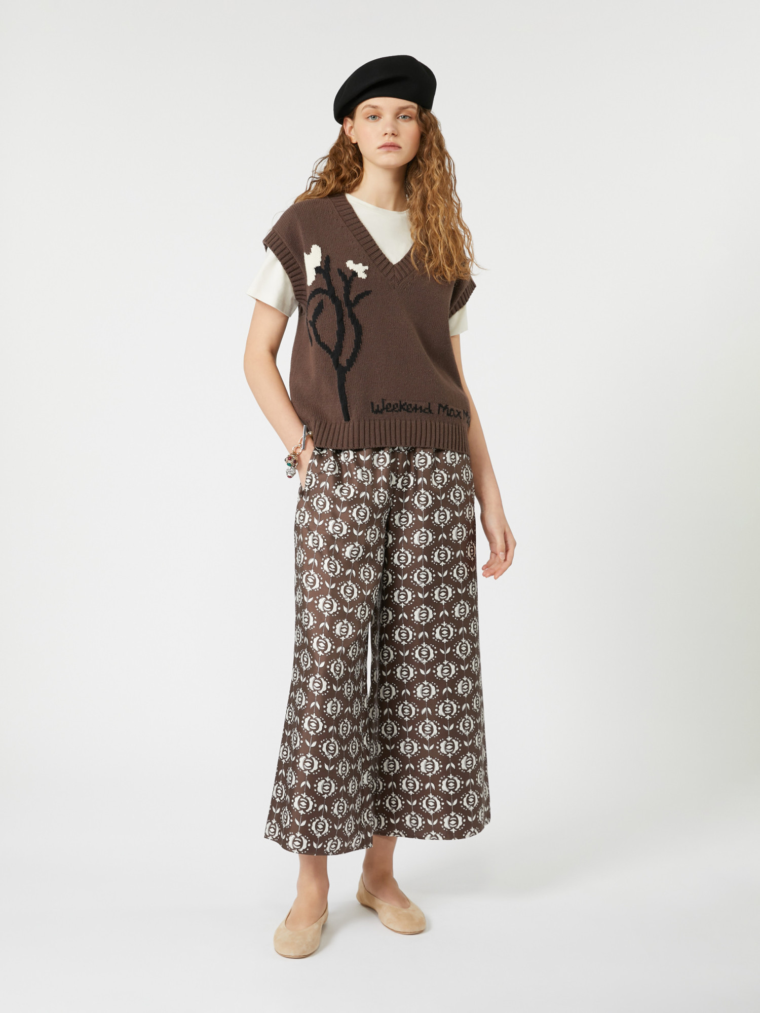 Weekend Max Mara Printed Wide Leg Trousers In Black