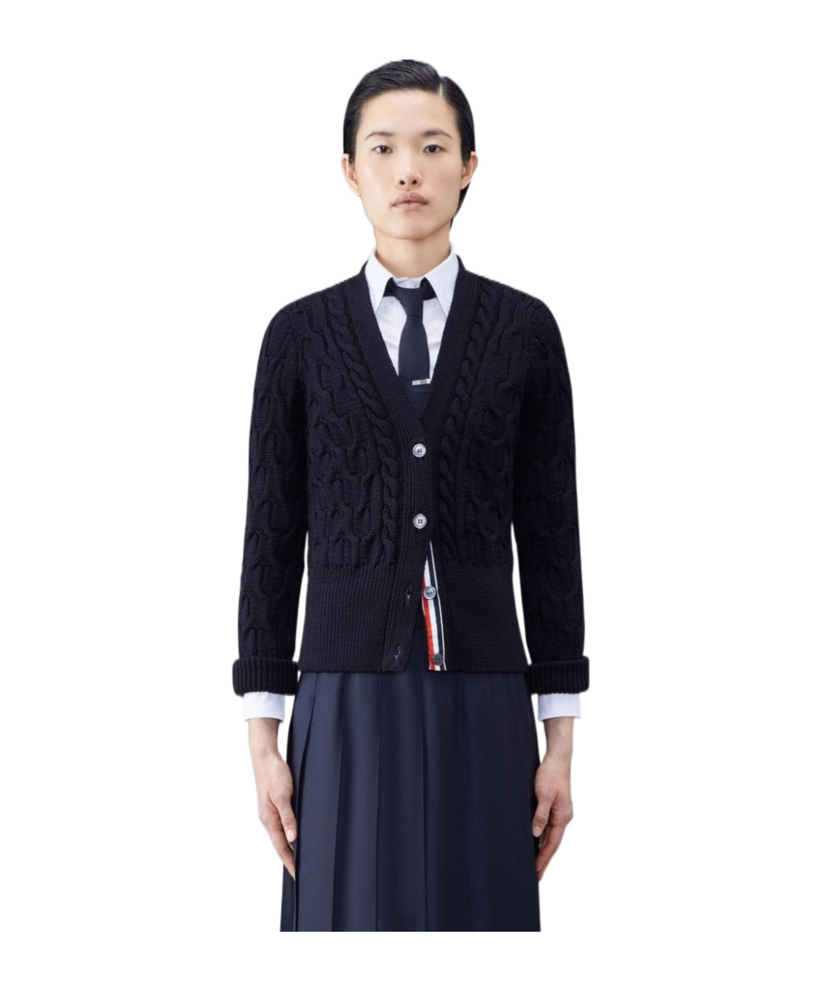 Thom Browne Cable Knit Wool Cardigan In Blue