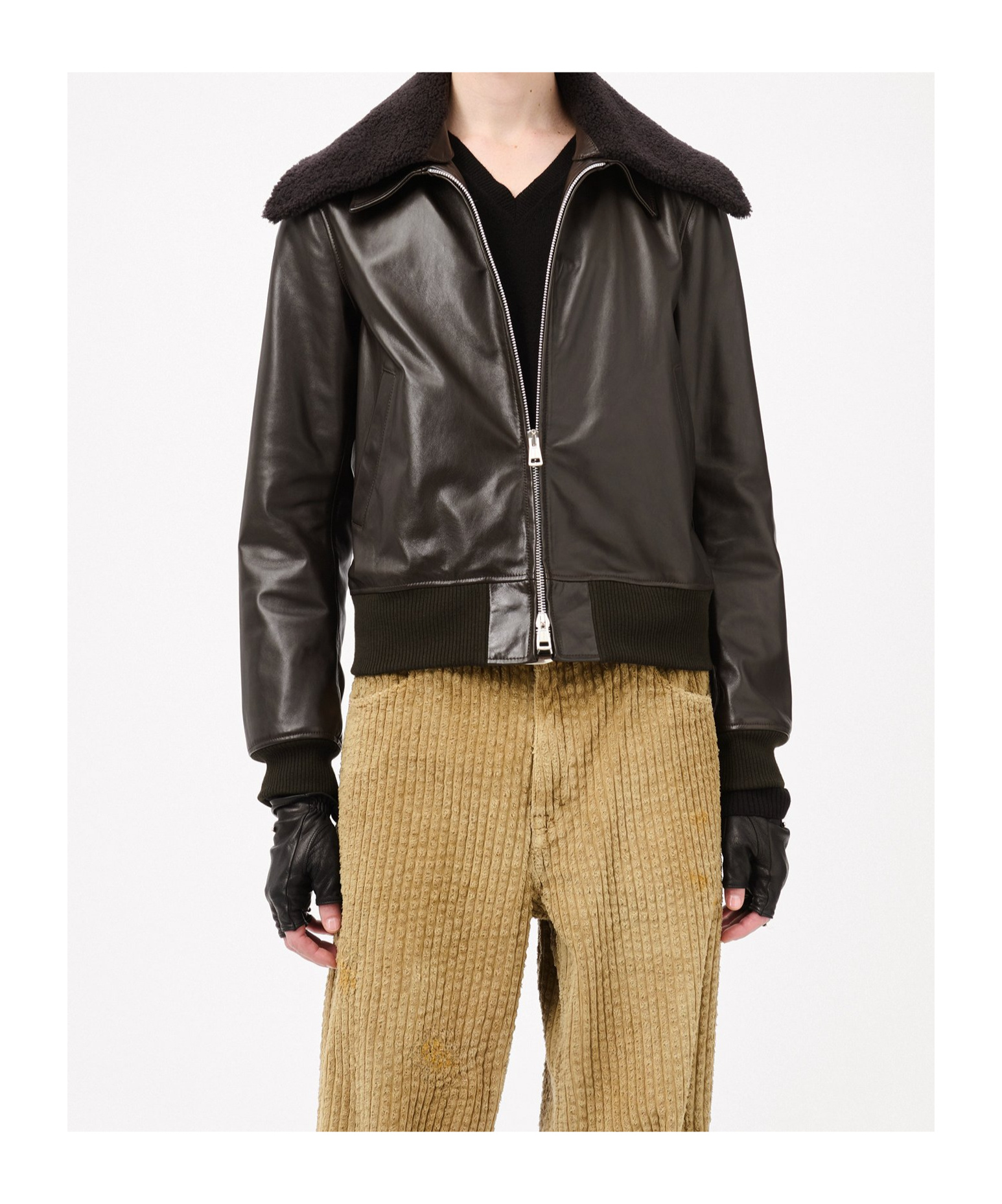 Our Legacy Pharos Leather Bomber Jacket With Removable Genuine Shearling Collar In Black