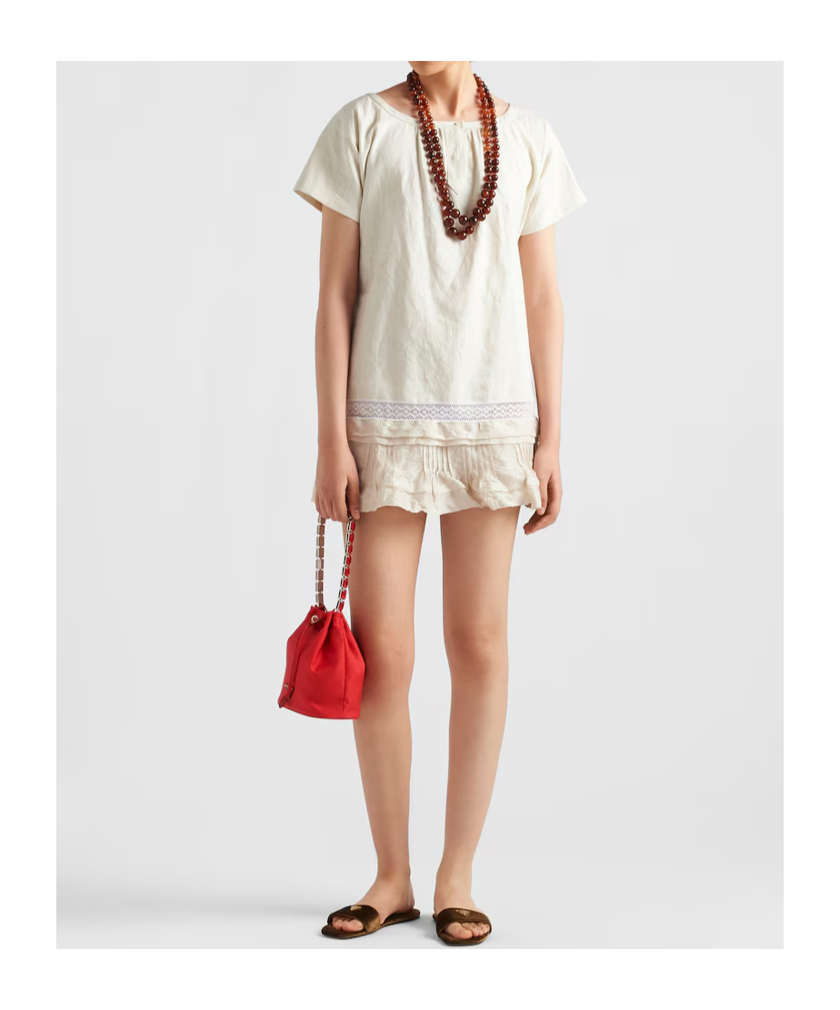 Prada Womens Neutral Embroidered Lace-trim Linen Mini Dress In Natural Color