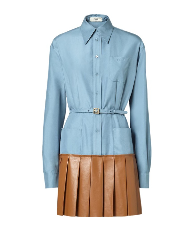 Fendi Light Blue Silk And Brown Nappa Leather Dress In Blue