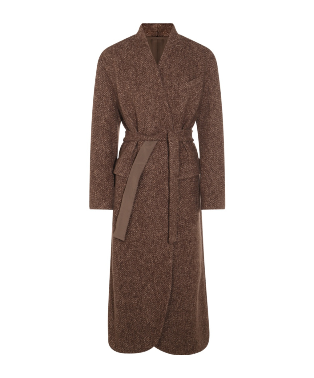 Brunello Cucinelli Waist Belted Long Length Textured Fabric Coat In Brown
