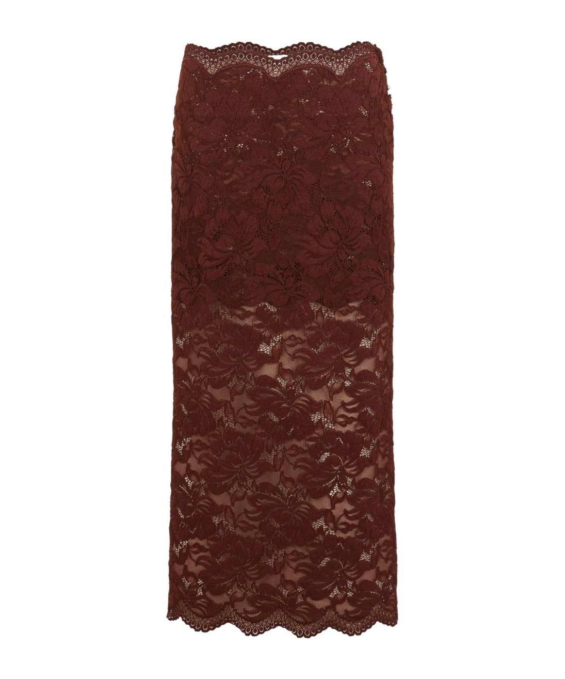 Rabanne Floral Lace Brown Midi Skirt With Scalloped Hem In Brown