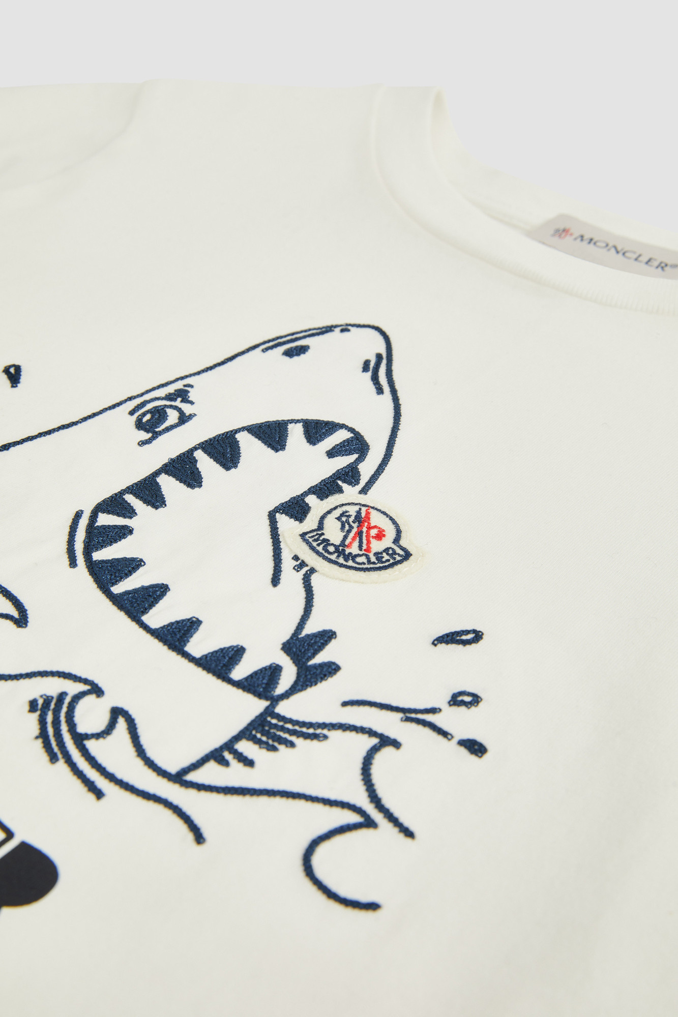 Moncler Embroidered Shark Motif Cotton Jersey T-shirt In White