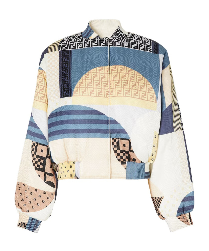 Fendi Blue Silk Reversible Bomber Jacket With Patchwork Print