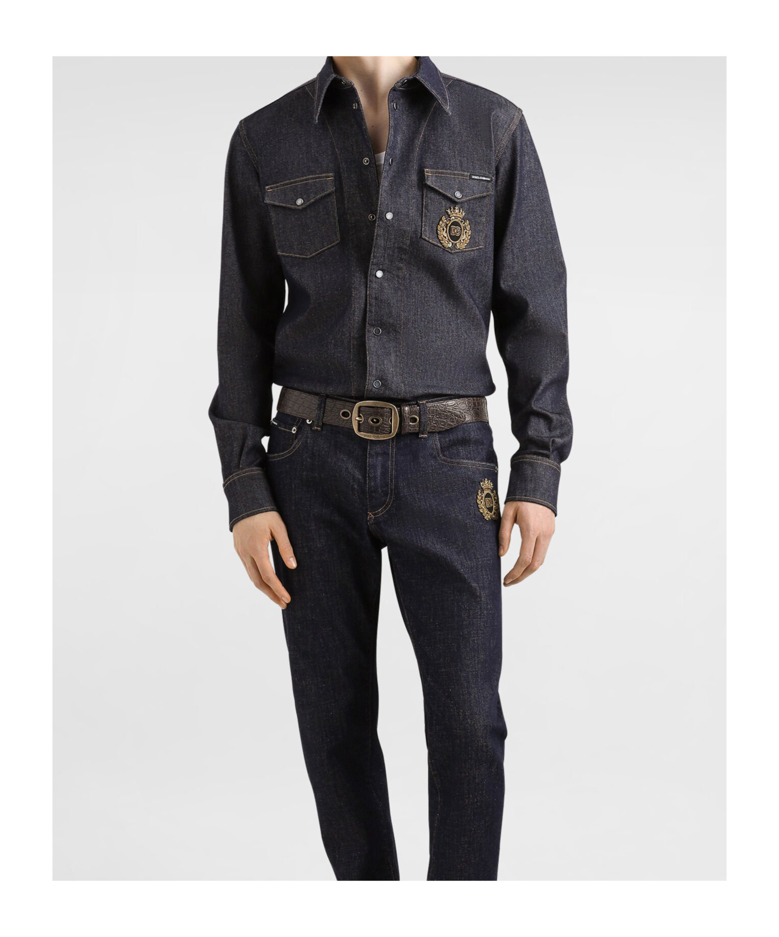 Dolce & Gabbana Denim Shirt With Heraldic Emblem In Black
