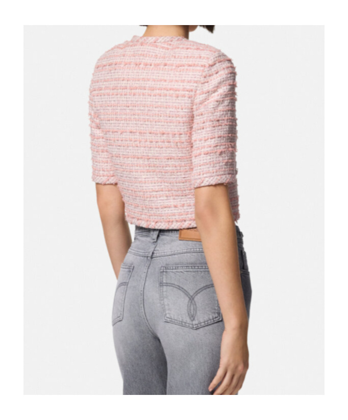Versace Tweed Short-sleeved Cardigan Jacket In Pink