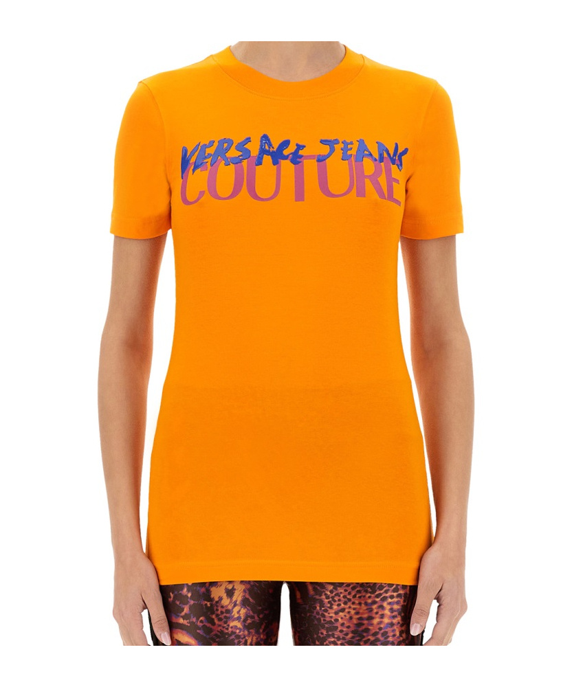Versace Jeans Couture Logo Printed Crewneck T-shirt In Orange