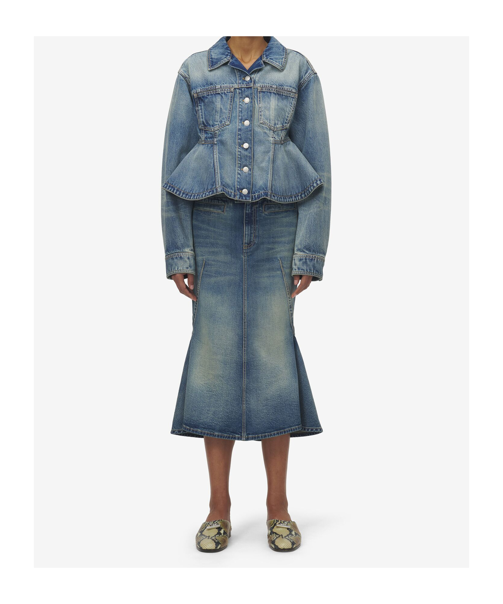 Alexander Mcqueen Stonewashed Denim Kickback Skirt In Blue