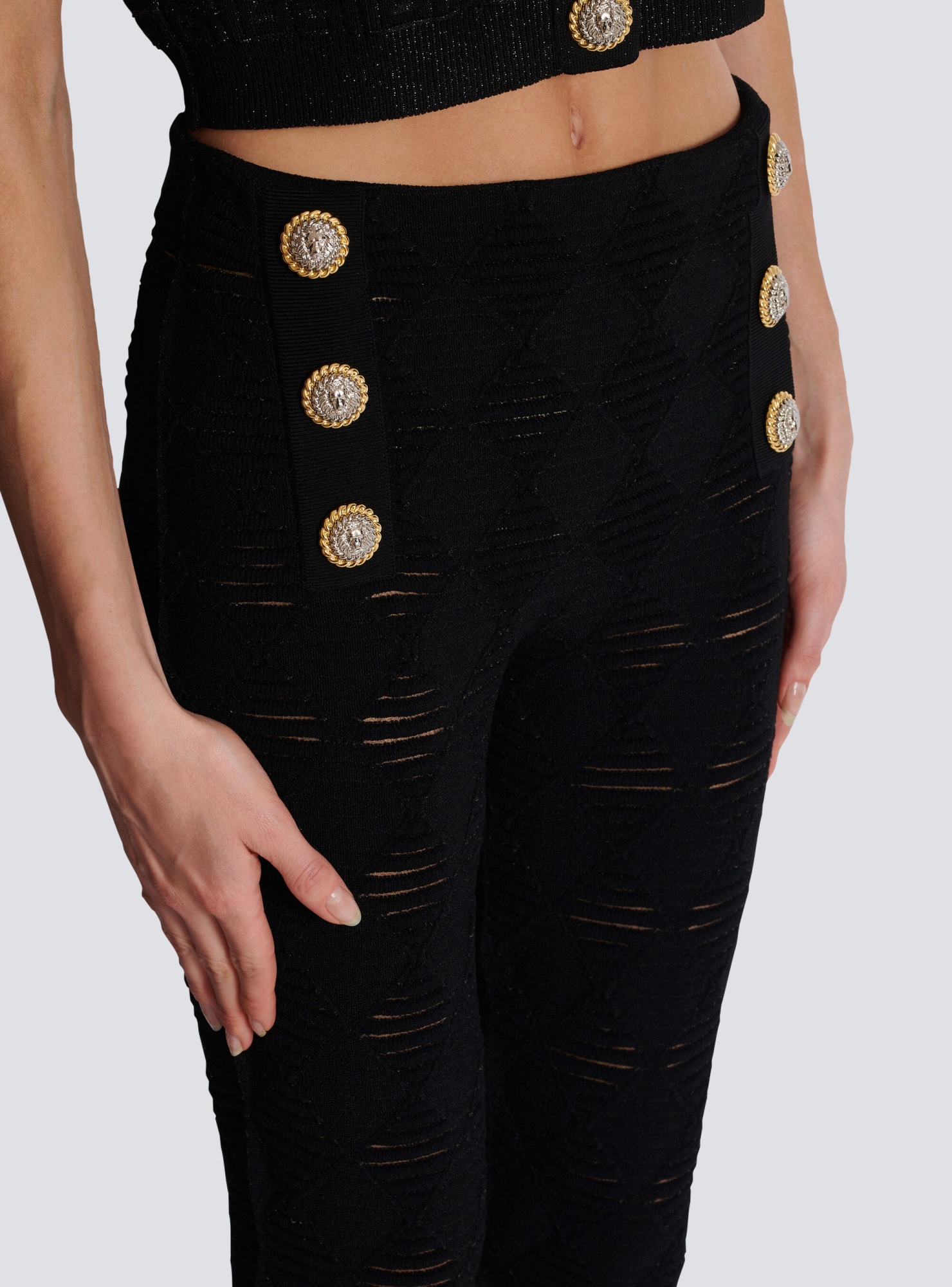 Balmain Embossed-button Open-knit Leggings In Black
