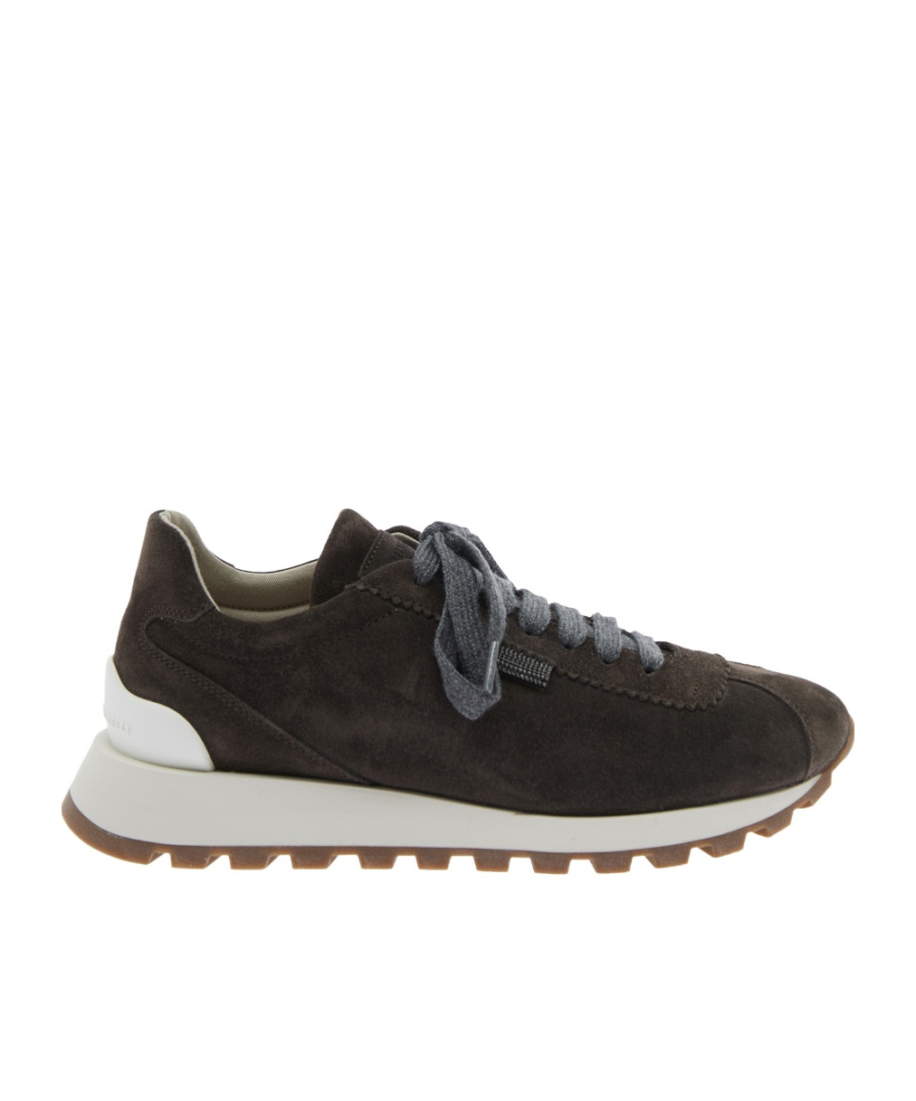 Brunello Cucinelli Brown Low Top Sneakers With Monil Detail On The Side And Embossed Logo Lettering On The Rear In Leat