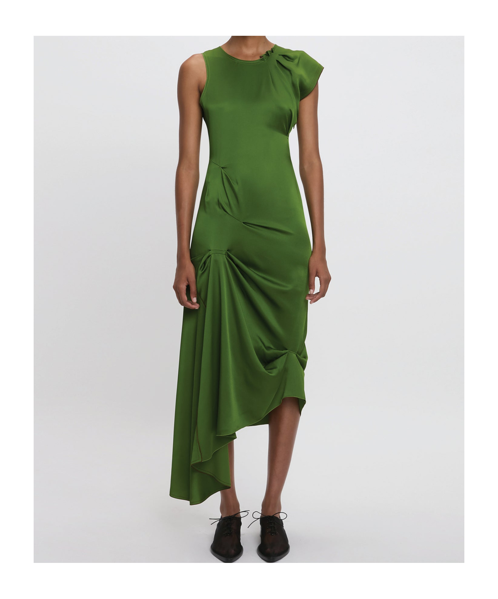 Victoria Beckham Draped Sleeveless Midi Dress With Asymmetric Detailing In Green