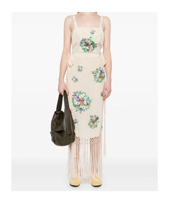 Bode Flower Language Backless Long Fringe Dress In Light Brown