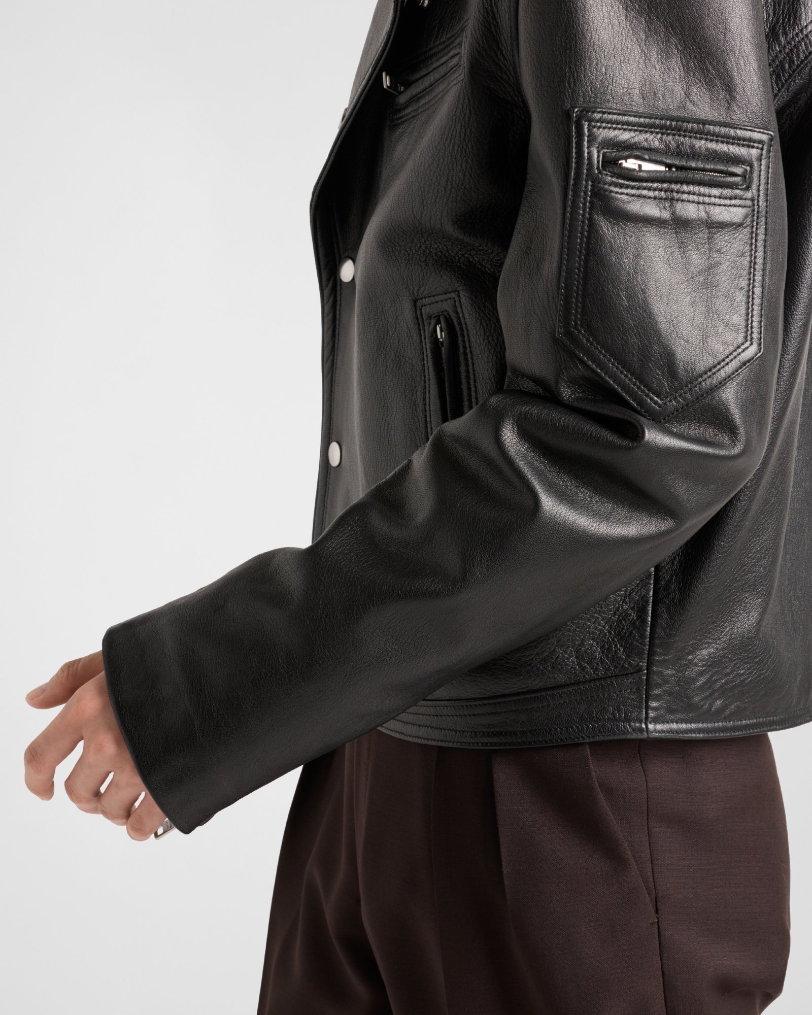 Prada Lapel Long-sleeved Leather Jacket In Black