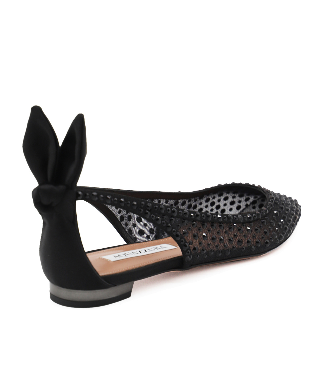 Aquazzura 10mm Bow Tie Crystal & Tulle Flats In Black