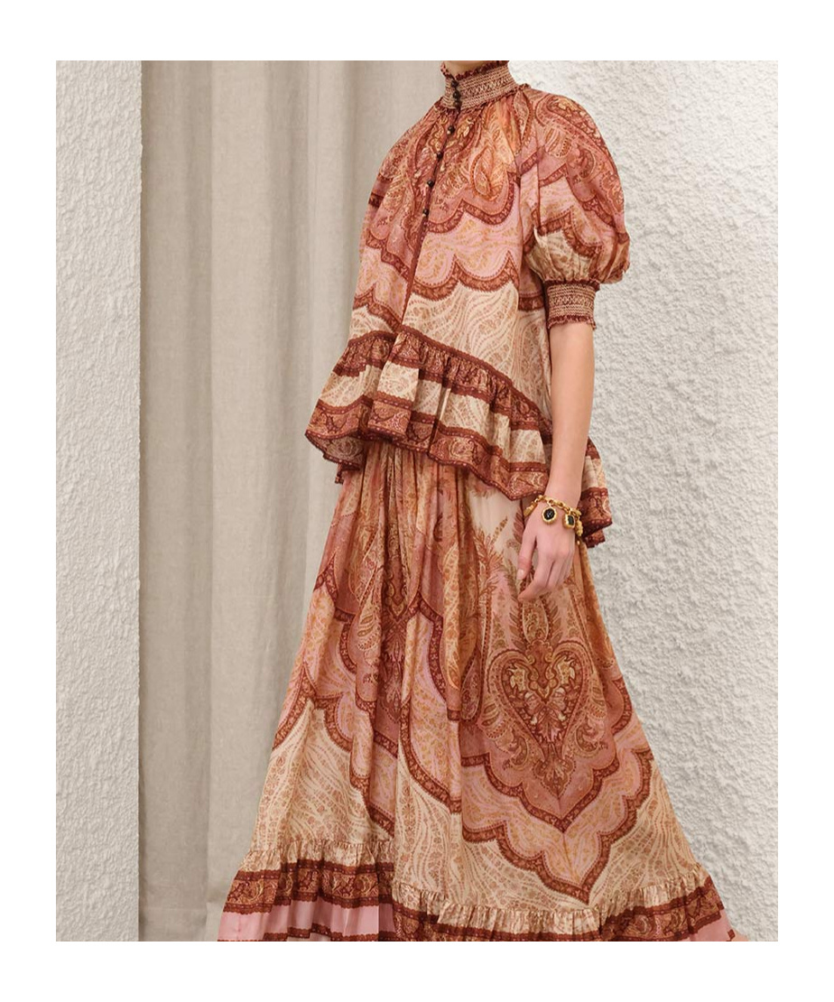Zimmermann Tapestry-print Burgundy Silk Habotai Wanderlust Blouse In Brown
