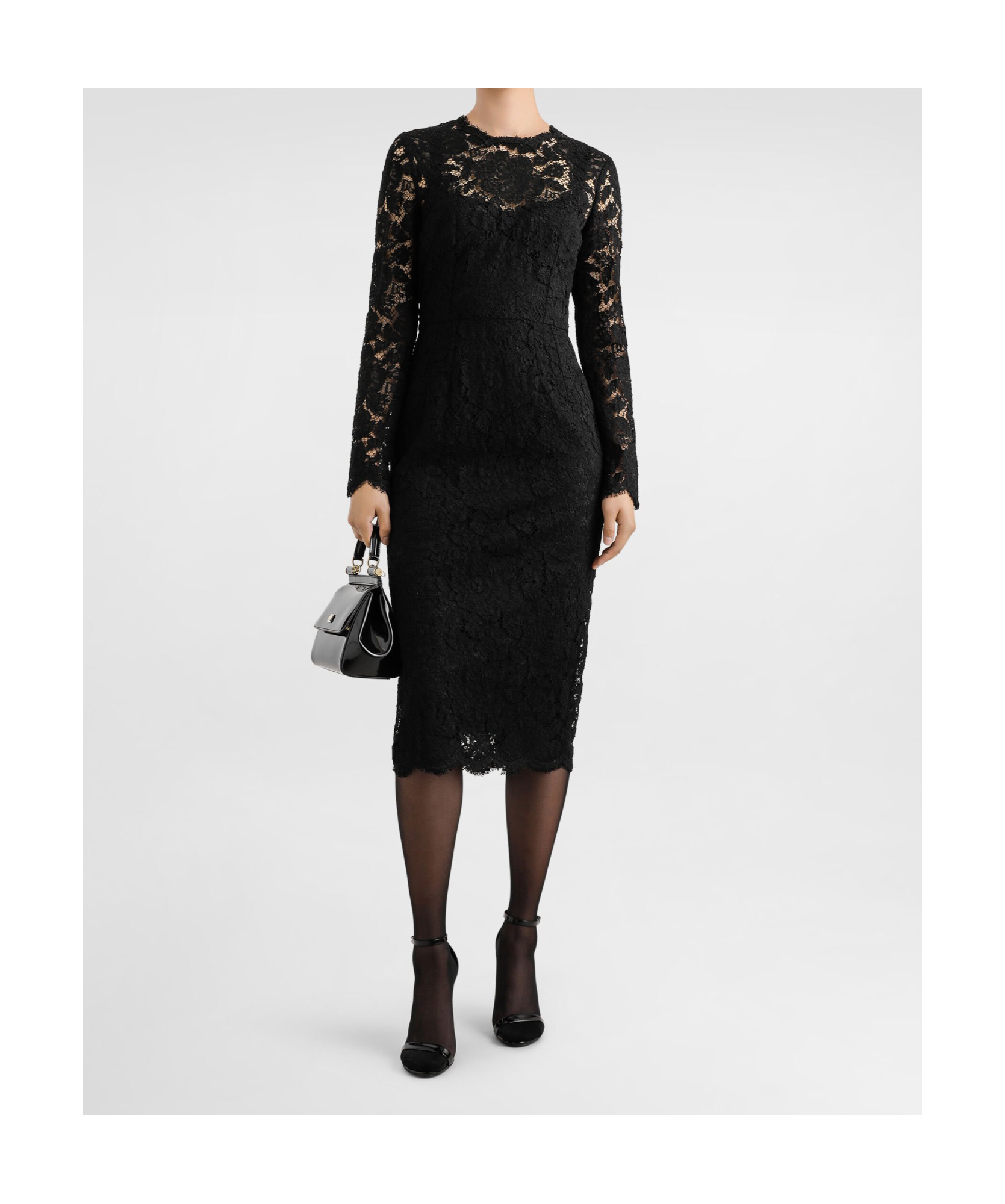 Dolce & Gabbana Long-sleeved Calf-length Dress In Branded Stretch Lace In Black
