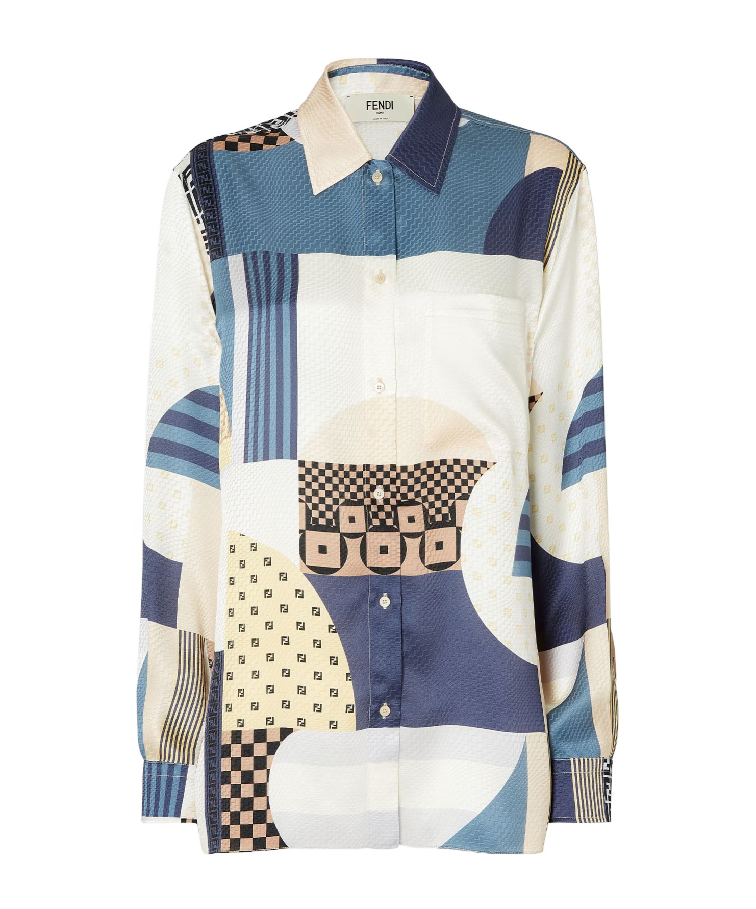 Fendi Blue Silk Shirt With Patchwork Print