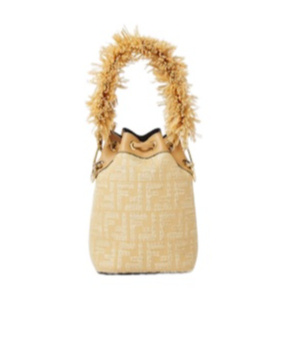 Shop Fendi Jacquard Fabric Mini-bag With Raffia Ff In Beige