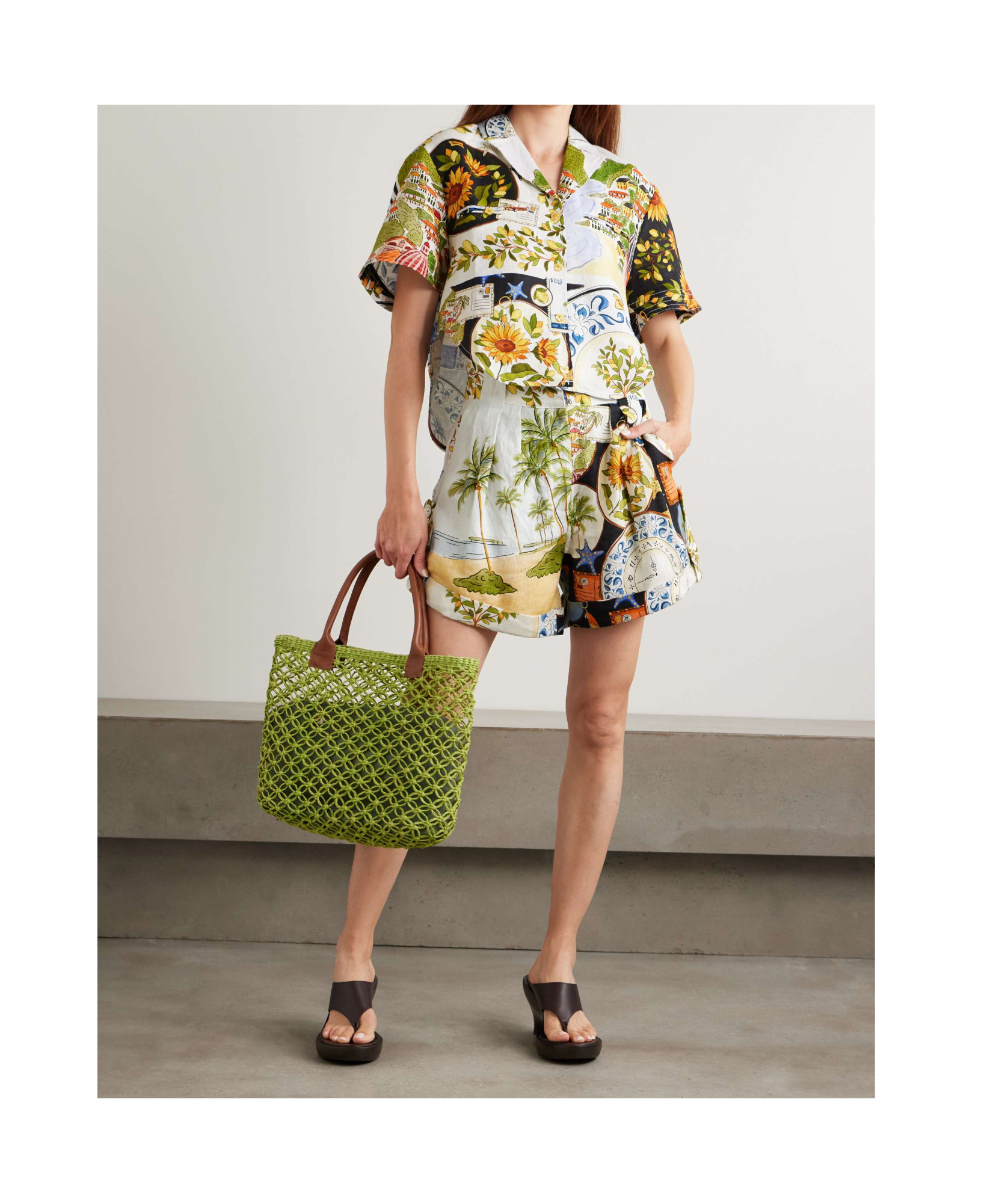 Farm Rio Latin Trip Scarves Crop Linen Button-up Shirt In Multi