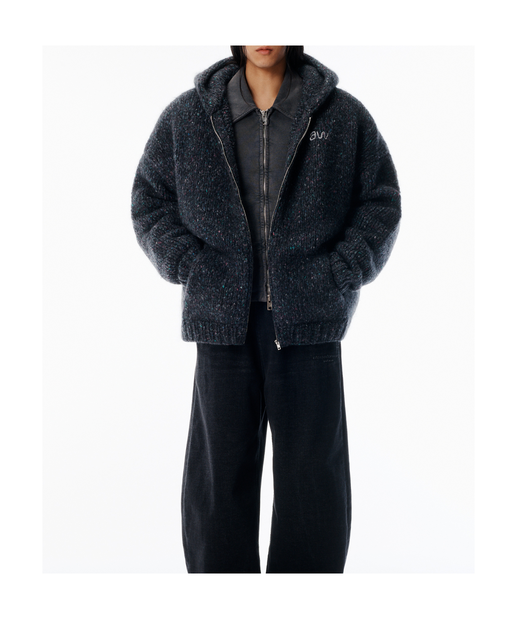 Alexander Wang Oversized Zip-up Hoodie With Aw Embroidery In Black