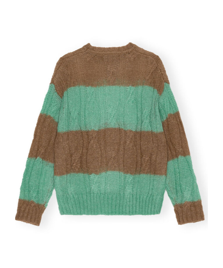 Shop Ganni Striped Mohair Cable O-neck Sweater In Green