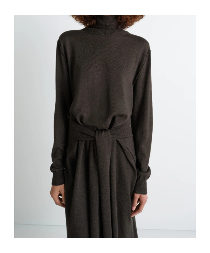 Lemaire Trompe L'oeil Turtleneck Belted Midi Dress In Brown