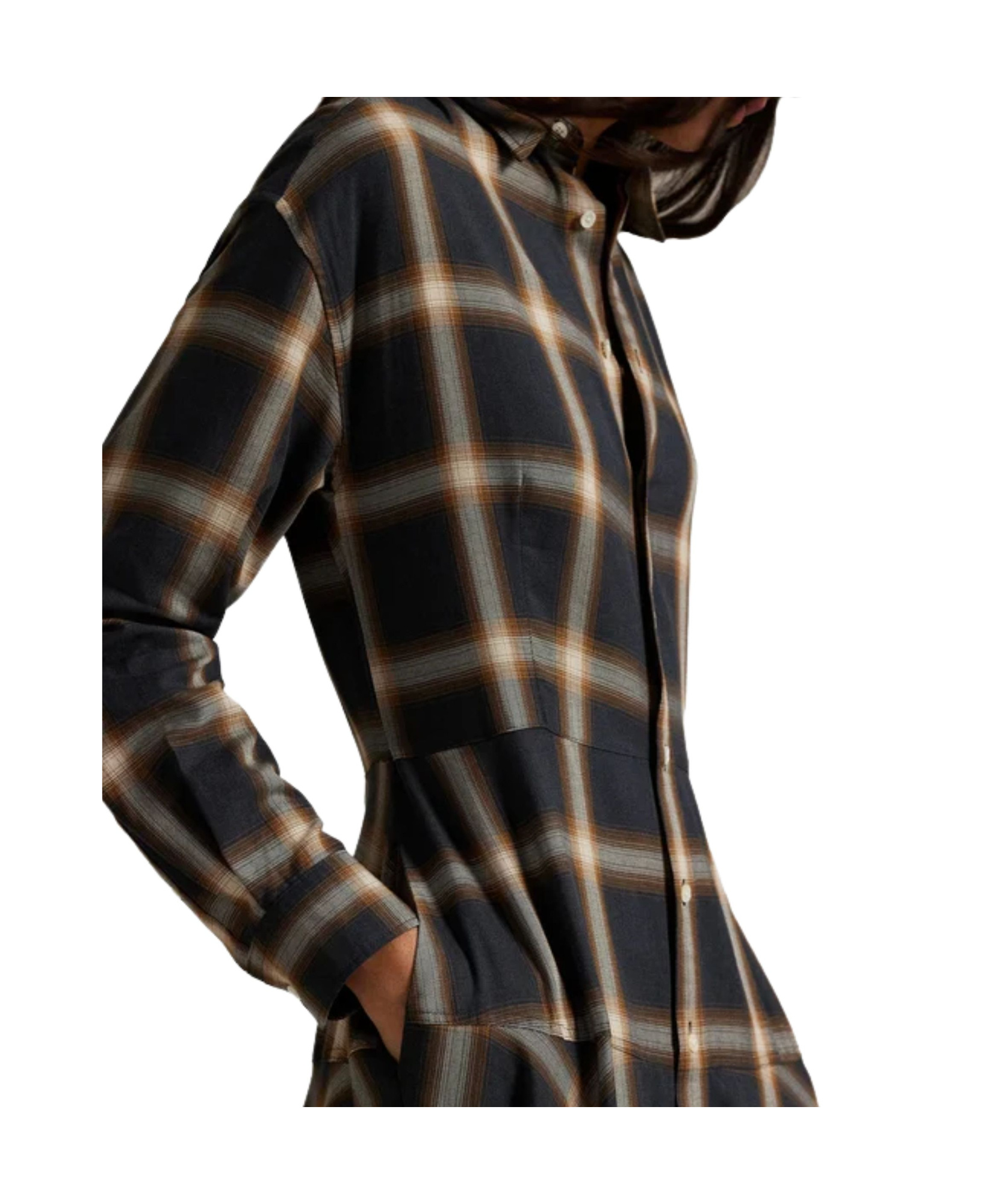 Ralph Lauren Plaid And Twill Patchwork Midi Shirt Dress In Black