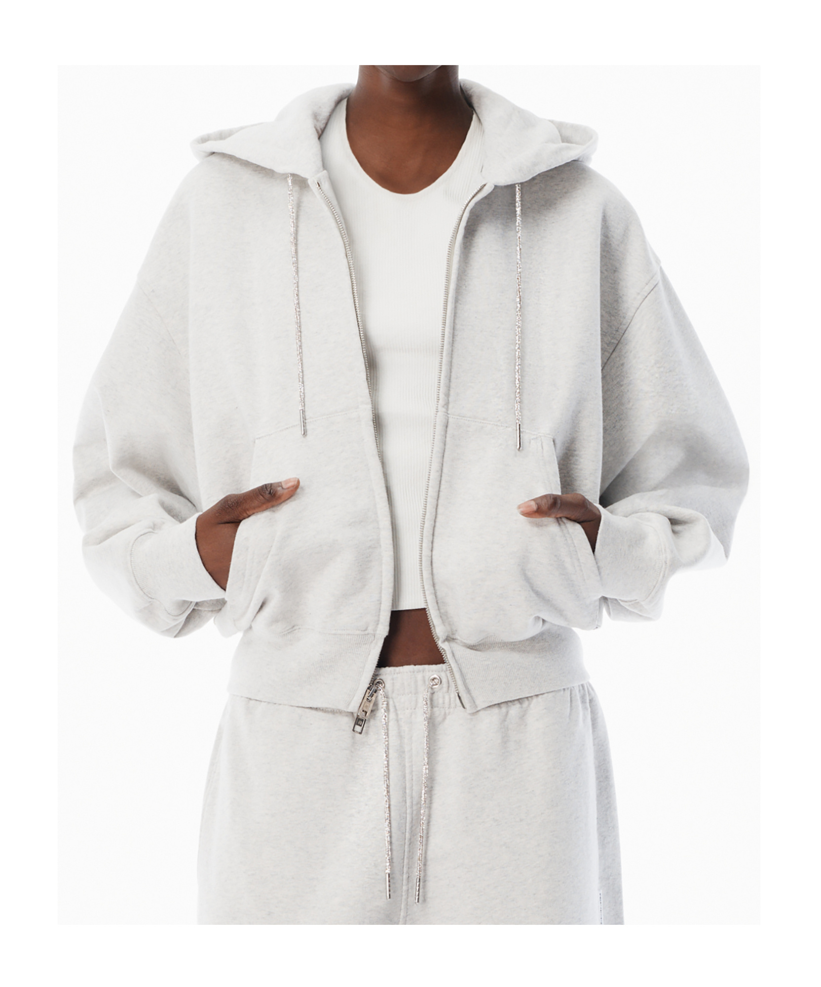 Alexander Wang Rhinestone-drawcord Zip-up Hoodie In Gray