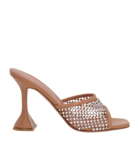 Amina Muaddi Tan Lupita Crystal Net Slipper Heeled Sandals