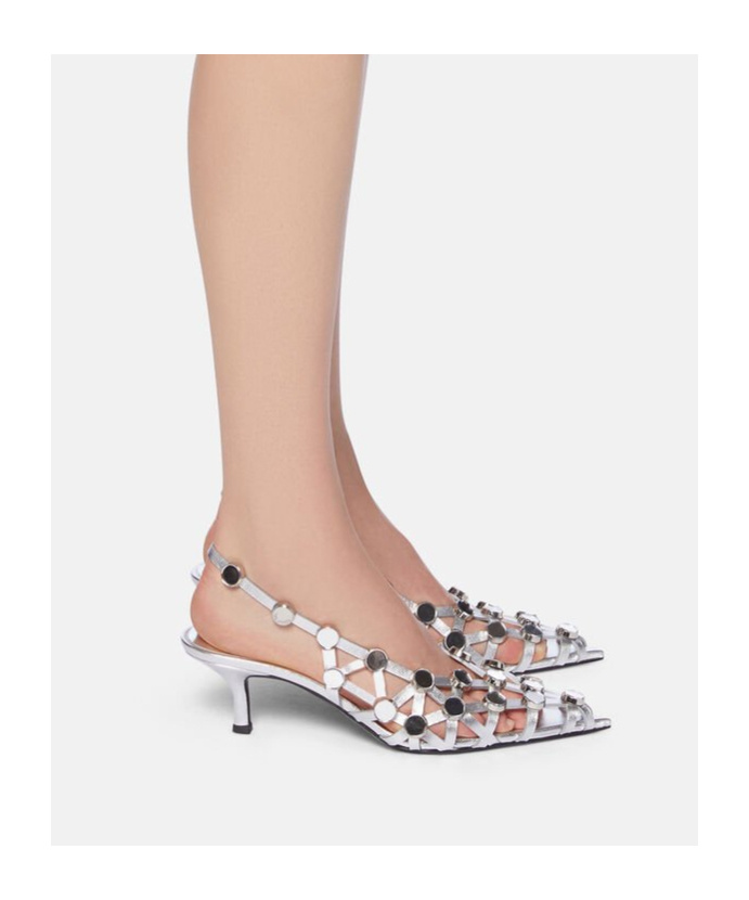Attico Grid Studded Metallic Leather Slingback Pumps In Silver