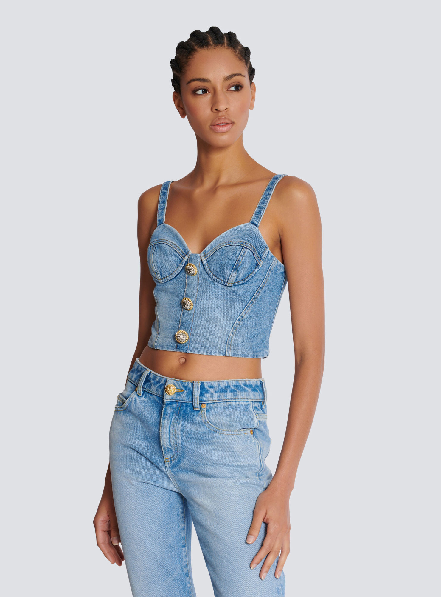 Balmain Button-embellished Denim Bustier Top In Blue