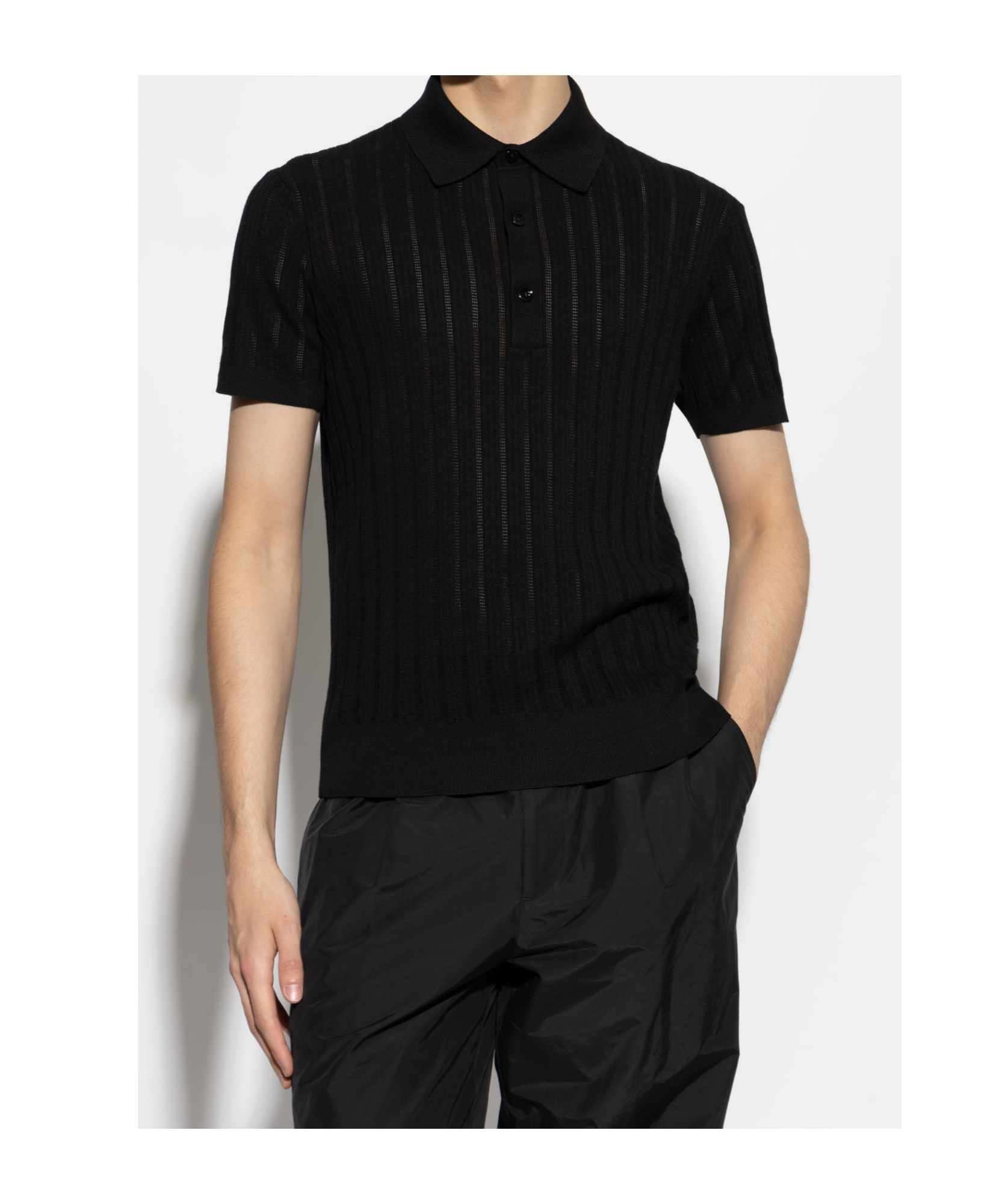 Tom Ford Classic Black Pique Polo With Textured Finish In Black