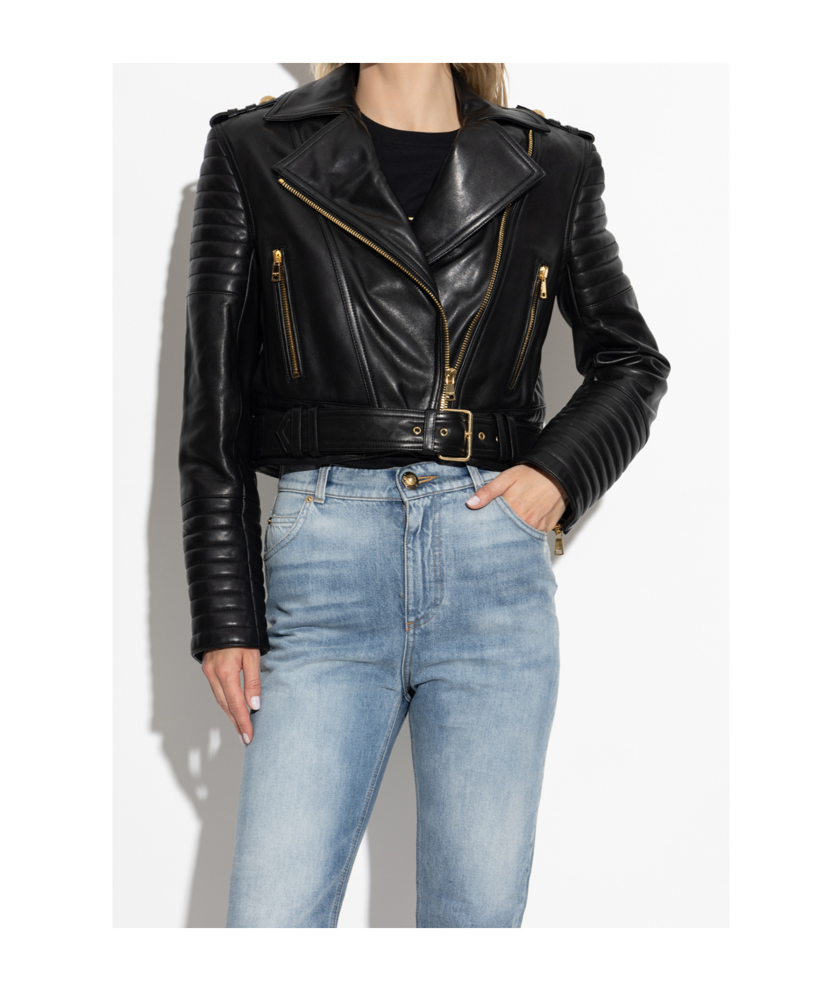 Balmain Long-sleeved Leather Jacket In Black