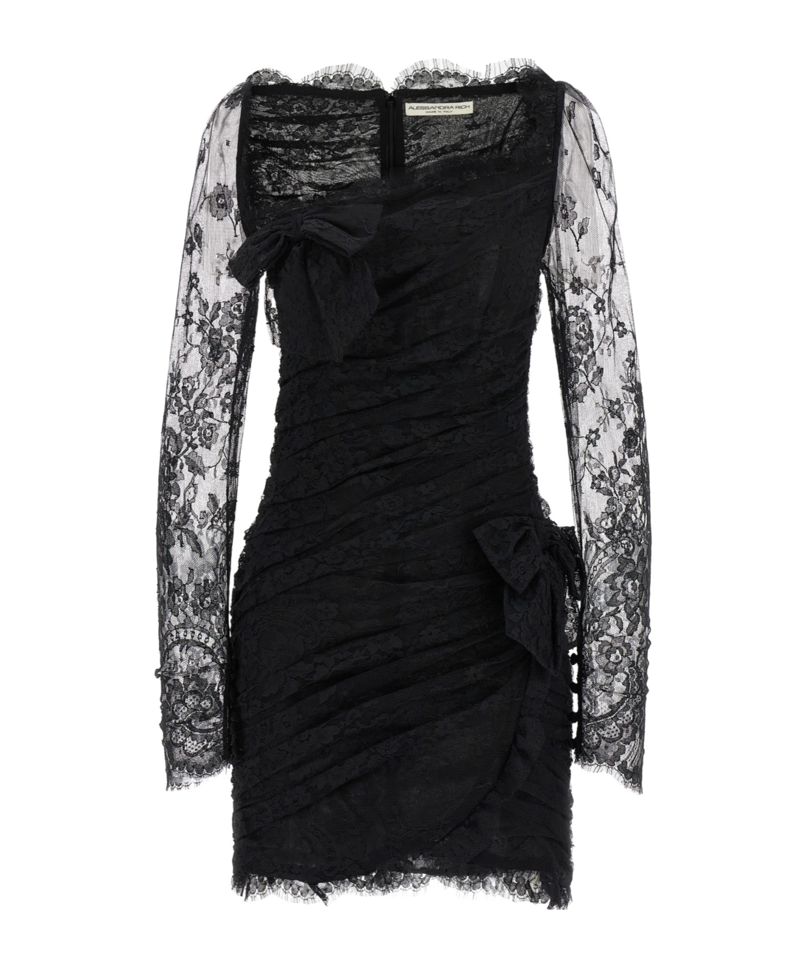 Alessandra Rich Draped Lace Mini Dress With Plunging Neckline In Black
