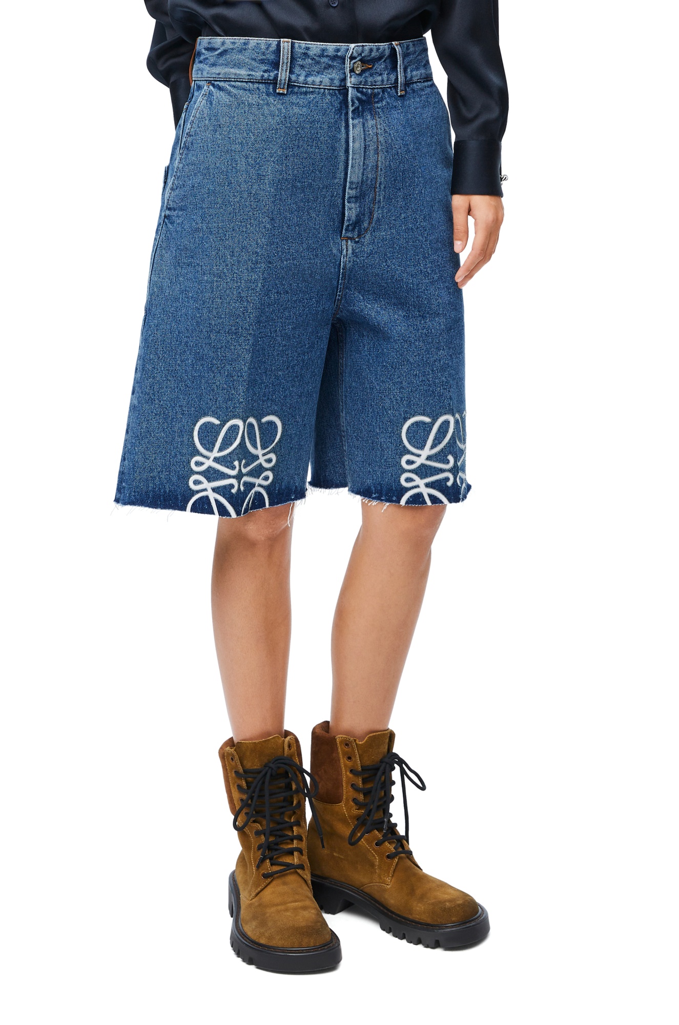 Loewe Anagram-embroidered Wide-leg Denim Shorts