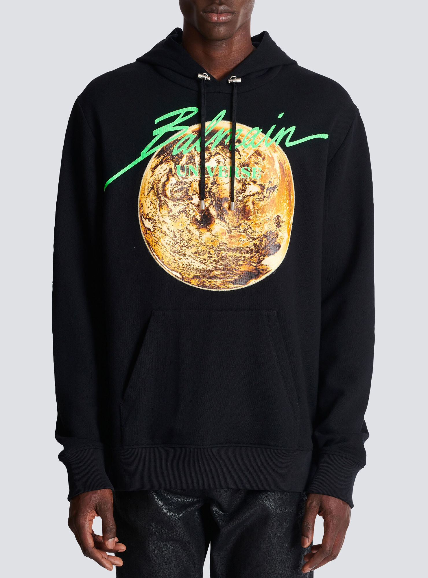 Balmain Universe Logo Print Hooded Sweatshirt In Black
