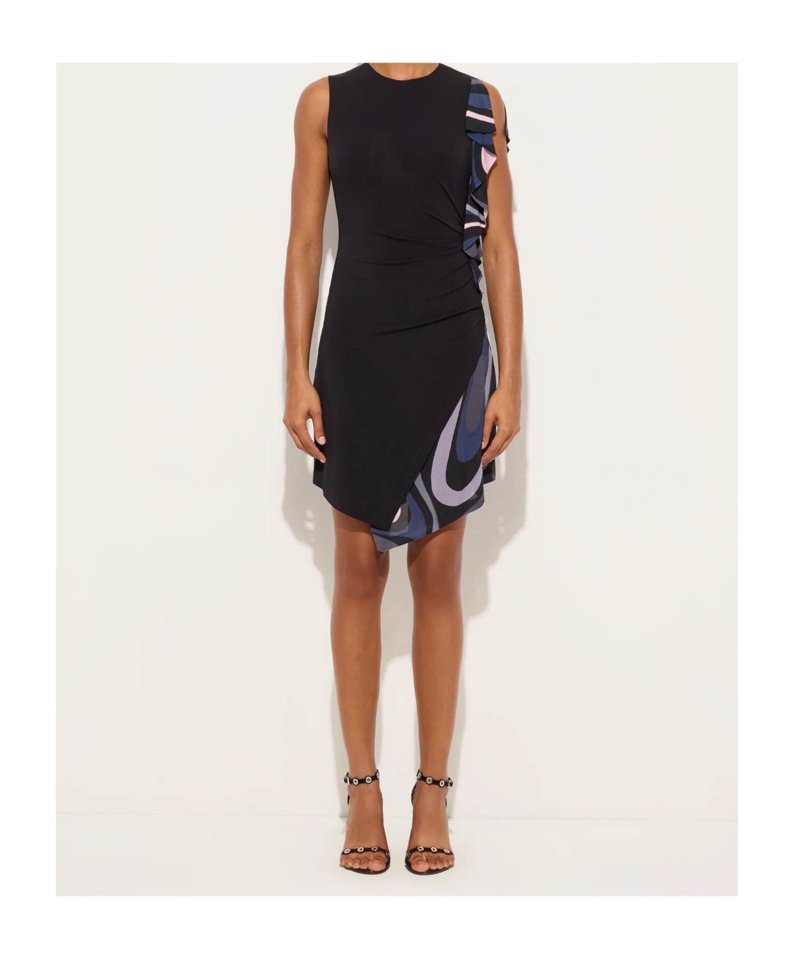 Pucci Marmo Print Drape Sleeveless Dress In Black