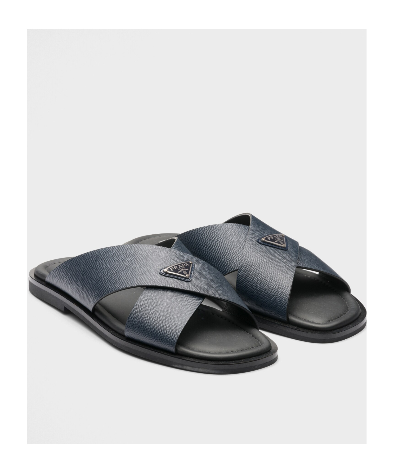 Prada Saffiano Leather Triangle-logo Sandals In Sea-blue