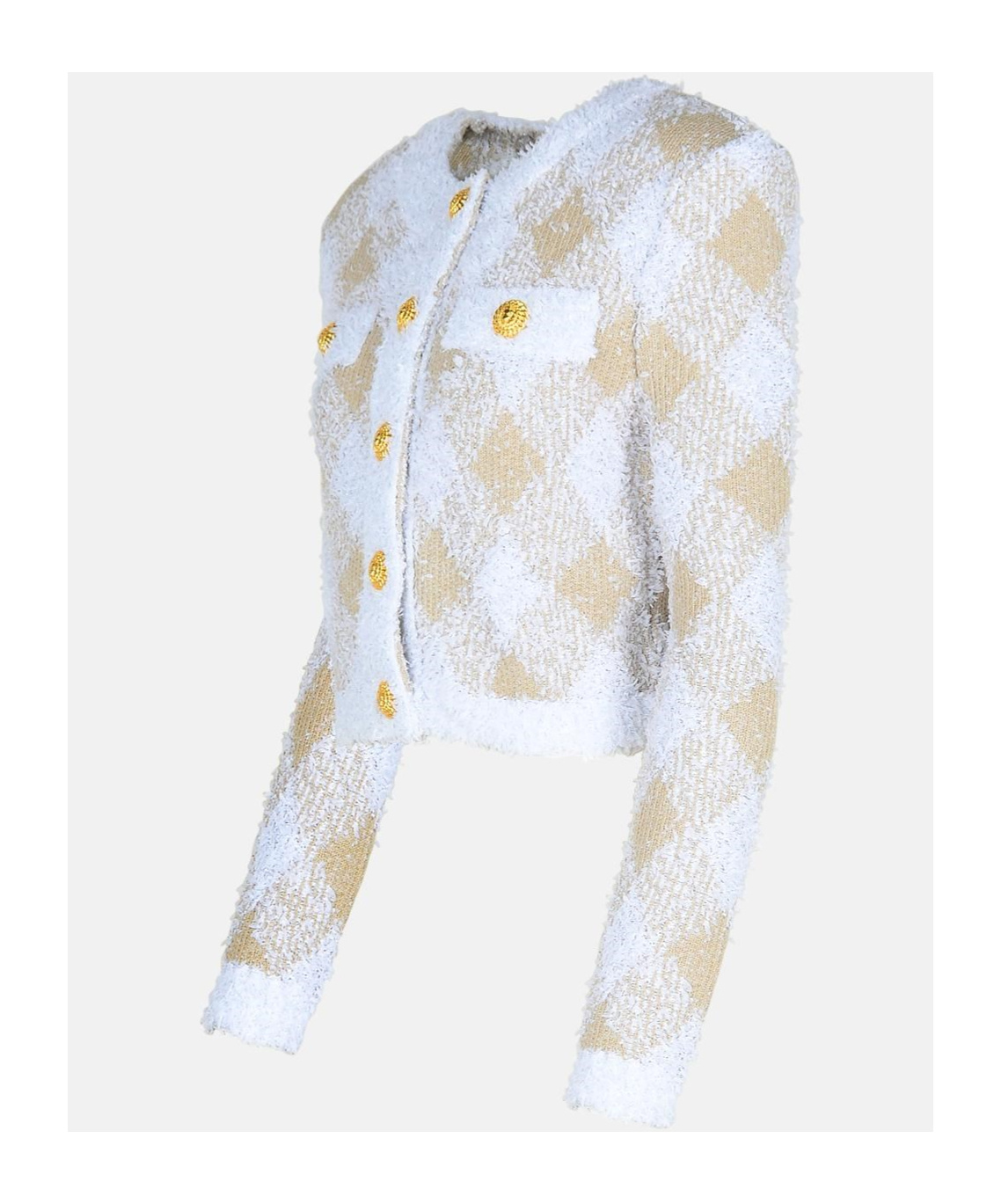 Balmain Vichy Check Tweed Knit Crop Jacket In White