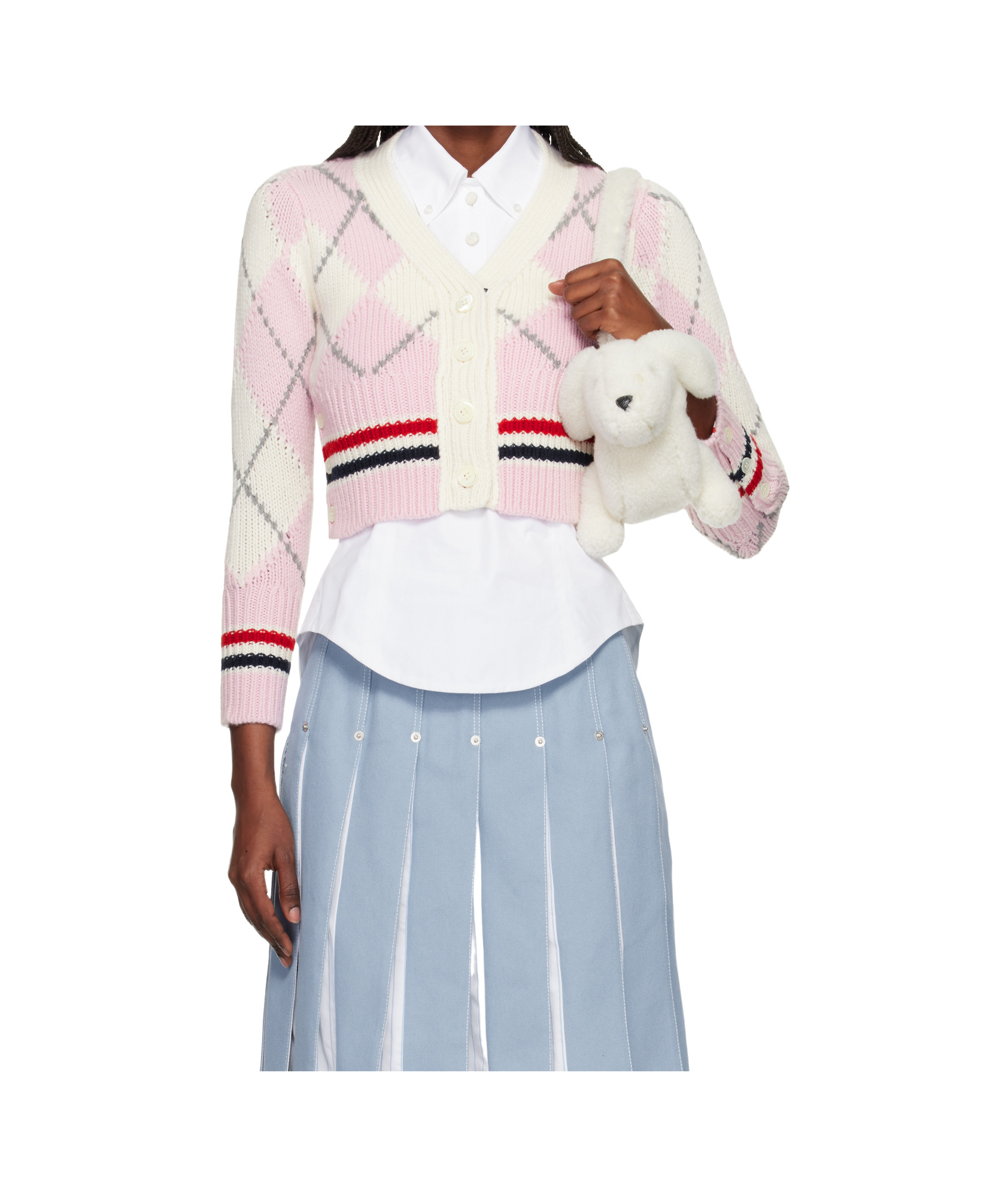 Thom Browne Argyle Intarsia Shrunken Virgin Wool Blend Cardigan In Pink