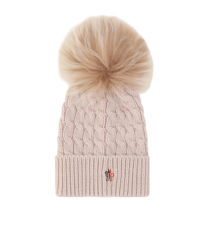 Moncler Wool Cashmere Beanie With A Shearling Pom In Nude