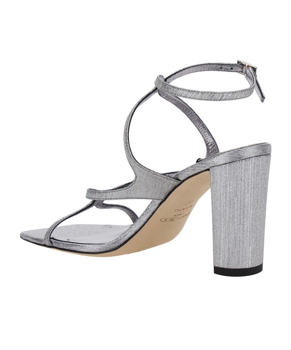 Jimmy Choo 'azie' Metallic Sandals With High Stacked Heel And Criss-cross Strap In Gray