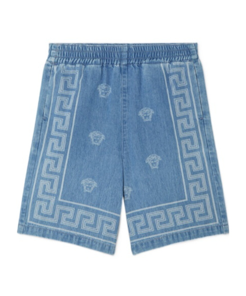Versace Medusa Bandana Denim Shorts In Blue