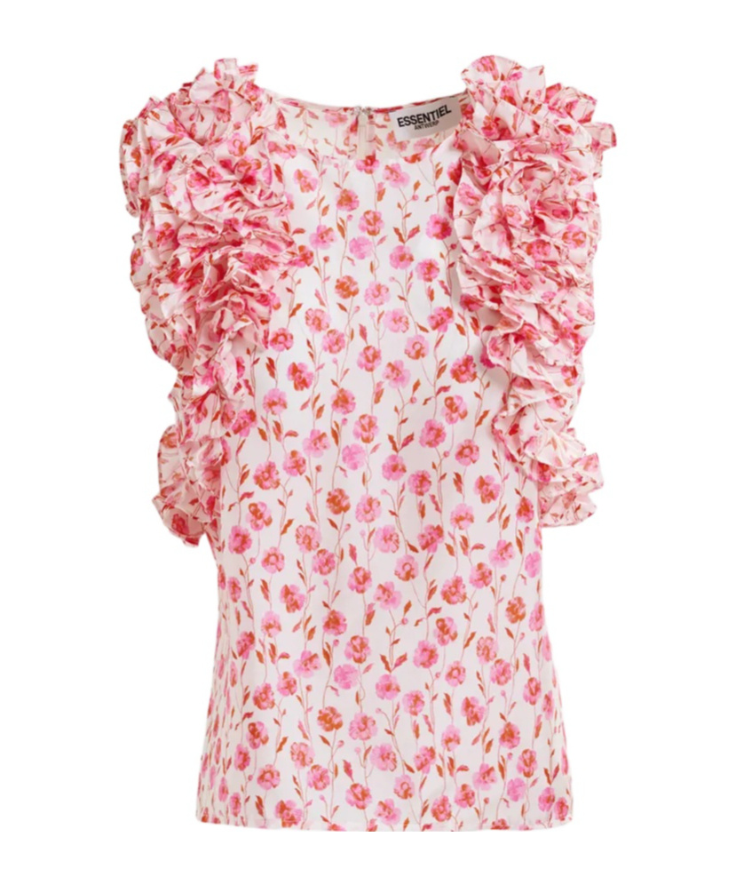 Essentiel Antwerp Floral Print Ruffle Top With Soft-fit Silhouette In Off-white/pink