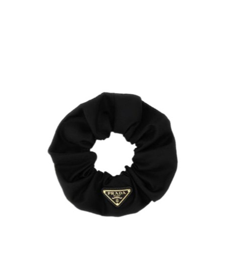 Prada Gathered Black Scrunchie With Triangular Logo Patch In Black