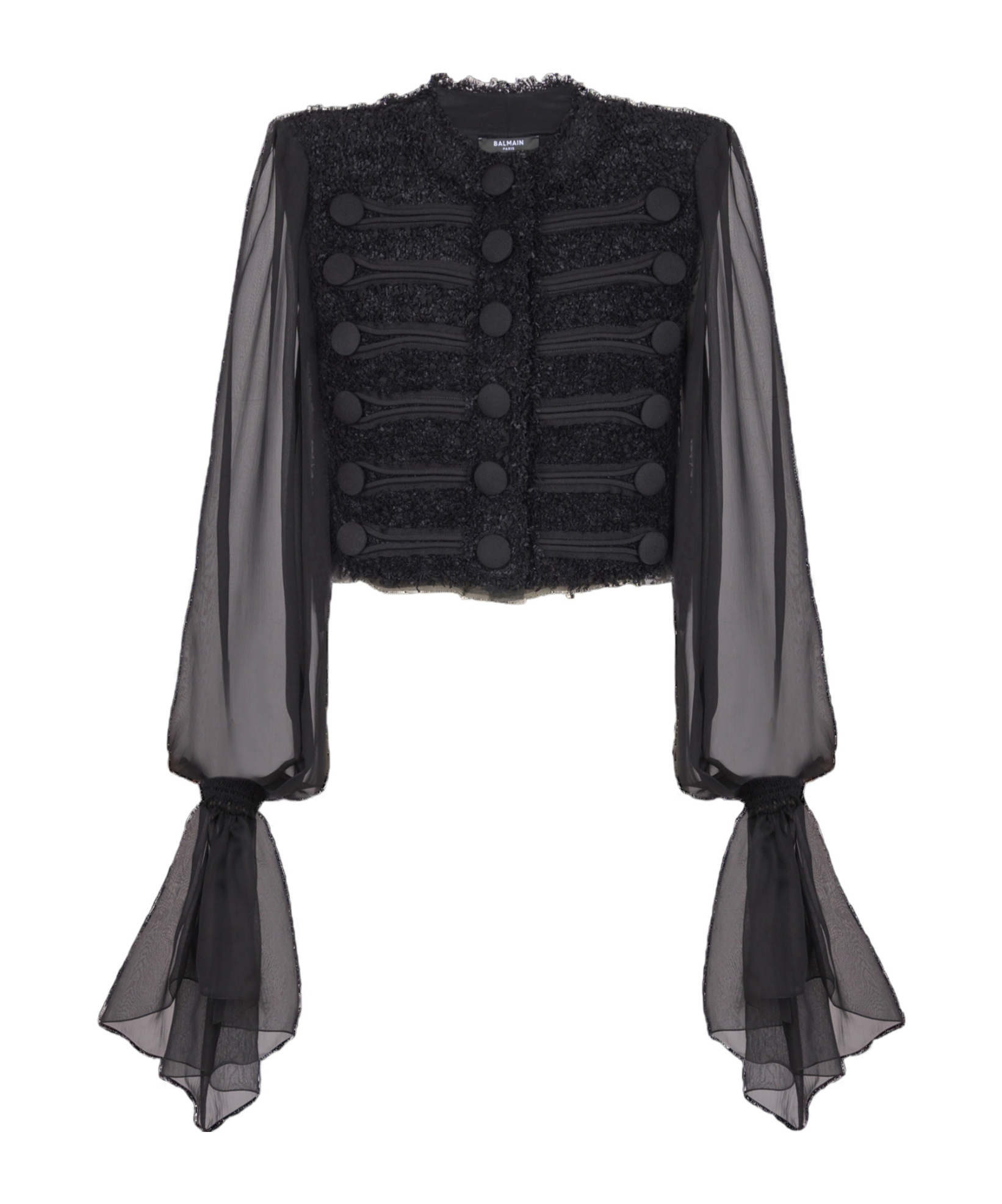 Balmain Edge-to-edge Tweed And Chiffon Jacket In Black