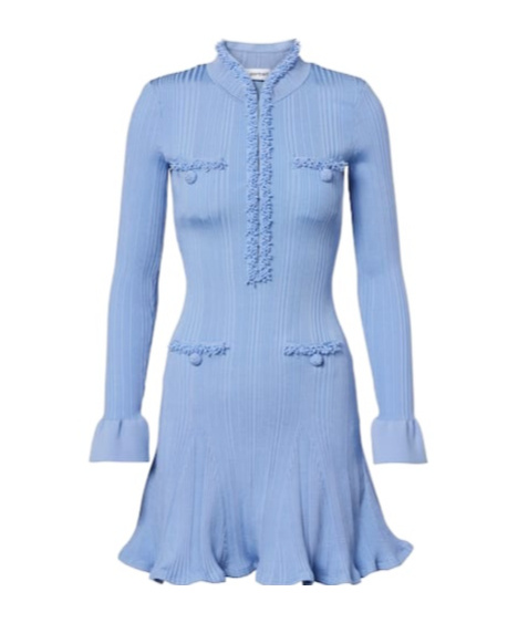 Self-portrait Faux Pearl-embellished Ribbed-knit Mini Dress In Blue